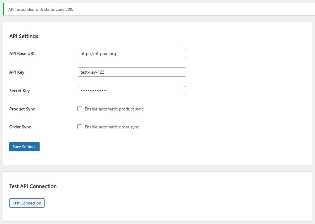API settings screen from WooCommerce Mobile App Bridge